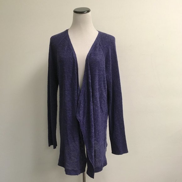Eileen Fisher purple drape linen cotton long open cardigan sweater L